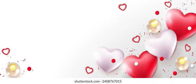 White greeting card until Valentine's day, illustration of hearts, fragrant candles.