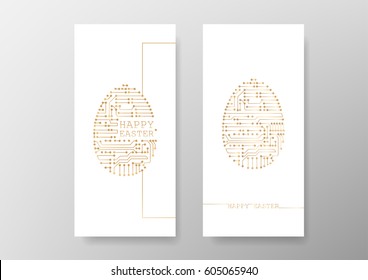 White greeting cards with golden Easter eggs made of lines and dots in futuristic stile. Happy Easter inscription. Technical illustration egg made for banner/poster/postcard/web. Vector image.