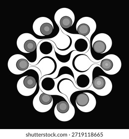 Diseño de círculos moleculares o interconectados Abstractas blancos y grises en patrón geométrico negro