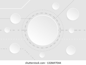 White and grey background with circles and lines, Paper cut and craft style, Illustration abstract modern futuristic, science, Digital technology background.