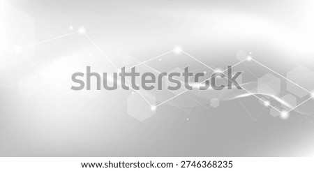 White grey background of science technology concept with connection lines, light particles and hexagon shapes. For clean digital network, modern medical science, presentation, poster, banner
