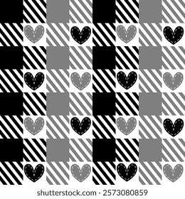 White Grey black Gingham with heart. Vector.