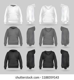 Plantilla de carenado de los sudaderas blancas, grises y negras en cuatro dimensiones: vista frontal, lateral y posterior, vector de malla gradiente realista. Ropa deportiva y de estilo urbano