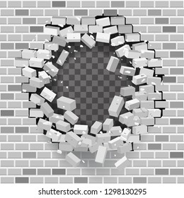 White Grey Brick Break Wall Hole Destruction Template Background Transparent Vector Illustration