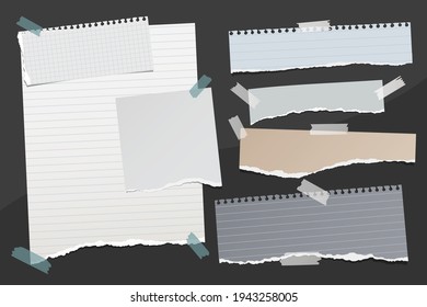 White, grey, brown torn note, notebook paper pieces are on black background for text, advertising or design. Vector illustration
