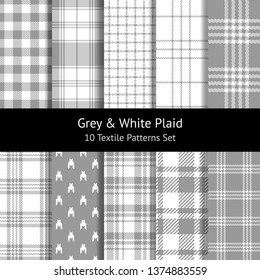 White grey check plaid seamless pattern set for textile print. Weave, pixel, houndstooth, hollow squares, and stripes texture. Swatches included.