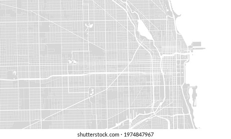 White grey Chicago city area vector background map, streets and water cartography illustration. Widescreen proportion, digital flat design streetmap.