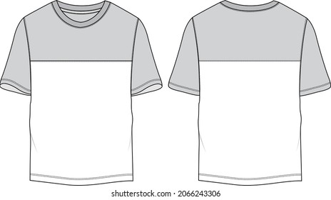 White, grey Color Cut and sew short Sleeve basic T shirt Technical Fashion Flat sketch Vector Illustration Template Front, back views. Apparel design Mock up drawing illustration. 