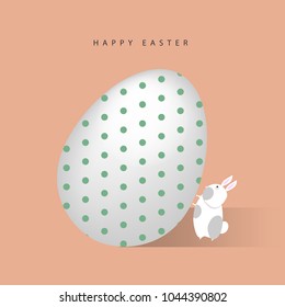 White and grey easter bunny or rabbit holds decorated  easter egg. Vector illustration postcard.