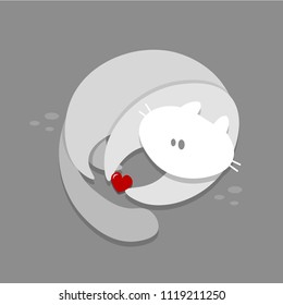 White grey fat cat playing with heart on grey background