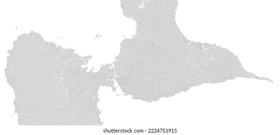 White and grey horizontal map of Guadeloupe, Caribbean islands. Archipelago and overseas department and region of France. Urban area cityscape vector illustration.