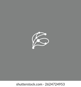 A white and grey image of a leaf with a black dot in the middle. The leaf is surrounded by a circle of dots