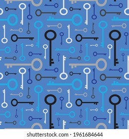 White and grey keys on blue background. Simple style seamless pattern. Vector illustration.