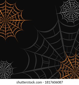 White, grey and orange spider web on black background. Helloween. For parties, decor, postcards, prints, social networks, banner, packaging, sketchbooking, clothes, wallpaper fabric