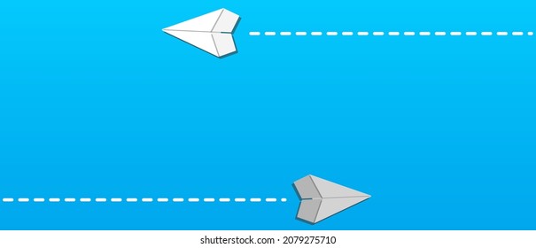 White and grey paper planes flying in different directions on blue background. Disagree, dissenting opinion, divergent views concepts, have or express different opinion. Vector illustration.