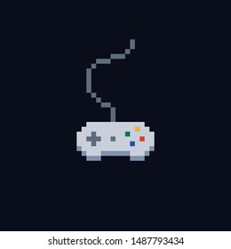 White grey pixel art 8 bit gamepad for game console with blue, green, yellow, red buttons - Isolated vector icon of wired controller on dark background. 