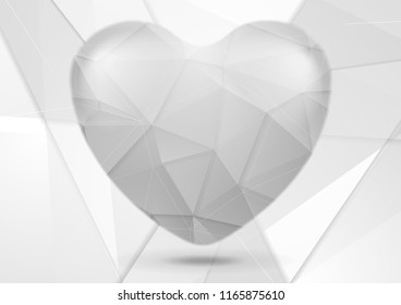 White and grey polygonal tech heart abstract design. Vector background
