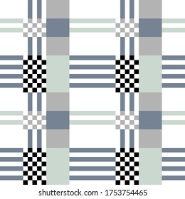 White and grey print with chess board motifs. Seamless pattern inspired by modern design. Template for plaids, shirts, napkins, dresses.