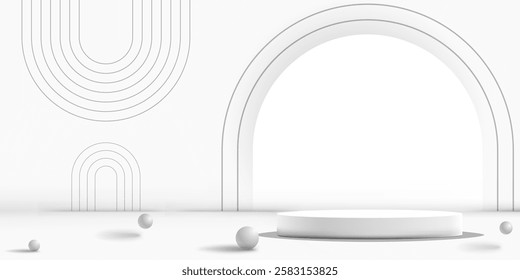 white and grey product presentation podium minimal background with geometric lines and 3d ball with shadow