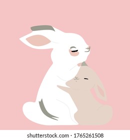 White and grey rabbit.2 rabbits hug. Isolated on a pink background Easter bunny.Vector illustration.Hares