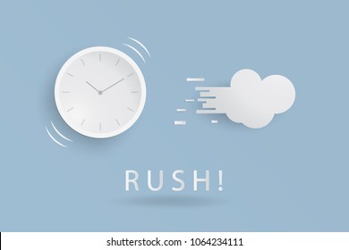 White grey Time clock alarm ringing with cloud smoke and RUSH texts for business/finance concept idea on blue background texture wallpaper in paper cut craft style vector eps10