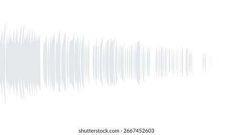 Ein weißes und graues Bild zeigt eine Reihe von strukturierten, vertikalen Linien und abstrakten, stangenartigen Formen, die zu einem Fluchtpunkt konvergieren und eine ätherische und minimalistische Szene erzeugen