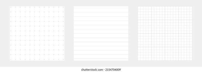 White grid background collection. Notebook dot paper. Checkered backdrop of map. Grid paper banner. Printable geometric design elements. Technical architect blank. Graph sketch. Vector illustration.