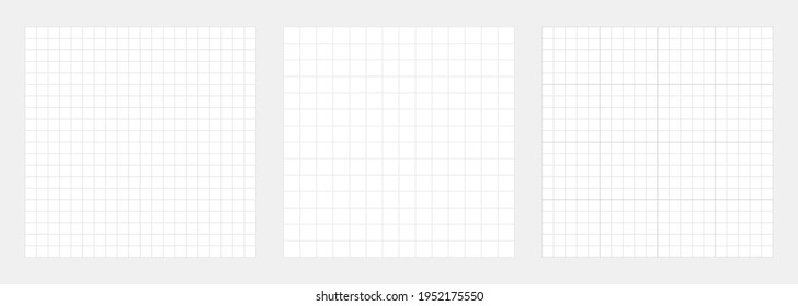 White grid backgrounds collection. Checkered backdrop of map. Grid paper banner. Printable geometric design elements. Notebook paper. Technical architect blank. Graph sketch. Vector illustration.