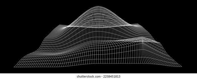 White grid deformated in perspective. Terrain wireframe on black background. Relief meshed structure. Distorted net surface. Vector graphic illustration.