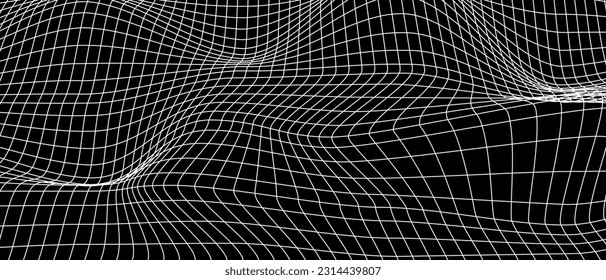 White grid distortion on black background. Waved mesh surface. Net with curvatured effect. Checkered pattern deformation. Bented lattice texture. Vector graphic illustration