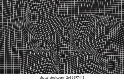 Distorsión de cuadrícula blanca en patrón de Vector distorsionador de onda de color negro. Deformación de patrón a cuadros. Vector ilustración gráfica.