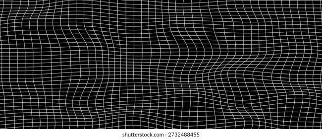 White grid distortion on black background. Waved mesh surface. Net with curvatured effect. Checkered pattern deformation. Bented lattice texture. Vector graphic illustration