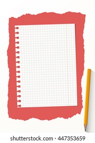 White grid notebook paper sheet are on red background with yellow wooden pencil