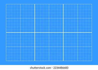 Cuadrícula blanca sobre fondo azul. Diseño de huella azul. Plantilla en blanco para la medida de corte, mecanizado, dibujo, dibujo, trazado, ingeniería o arquitectura. Ilustración del vector