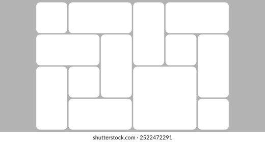 Diseño de Plantilla de rejilla blanca, diseño de collage de marco de foto de caja de bento. Anuncio Horizontal de maqueta de tablero de sentimiento ligero. Bloques de mosaico de rompecabezas para la página de Galería de imágenes. Diapositiva de presentación de tablero de instrumentos y2k de gráfico plano