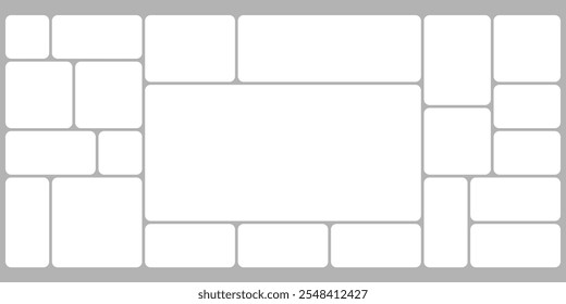 White grid template design, bento box photo frame collage layout. Light mood board mockup horizontal banner. Puzzle mosaic blocks for picture gallery page. Flat graph y2k dashboard presentation slide