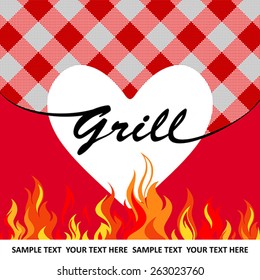 White grill heart on red striped background with flames