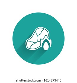 White Grilled steak meat and fire flame icon isolated with long shadow. Green circle button. Vector Illustration