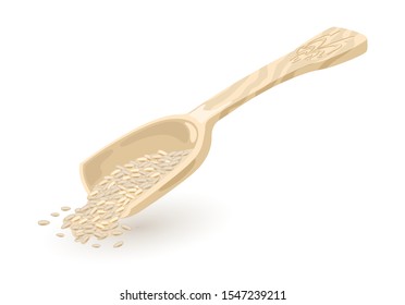 White groats rice, spelt wheat, bulgur, oat or pearl barley are in wooden or plastic scoop. Sesame, coriander or fenugreek seeds spilling out from kitchen shovel, ladle, bailer. Vector on white.