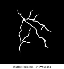 White ground crack or lightning, land surface and breaks from earthquake isolated on black background. Light fractures, fissure in ground, crevices from disaster or drought vector illustration.