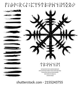 White grunge background with ink blots and abstract black brushed symbol. Old norse viking mythology wallpaper with rune symbol. Tattoo sample pattern design