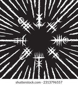 White grunge background with ink blots and abstract black brushed symbol. Old norse viking mythology wallpaper with rune symbol. Tattoo sample pattern design