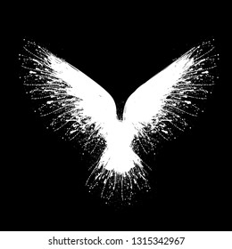 White grunge bird silhouette with ink splash isolated on black background