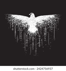 White grunge bird silhouette with ink splash isolated on black background