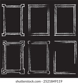 White Grunge brush outline frames set. Hand drawn frame set. Rectangle pencil frames border shape elements. White rectangle border frame vector illustration isolated on black background.