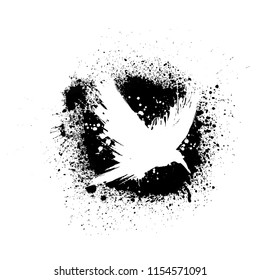 White grunge brush raven silhouette isolated on black ink splash blots