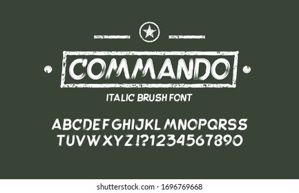 White grunge capital handwritten vector alphabet on black background. Drawn by semi-dry brush with unpainted areas.