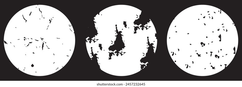 set de sellos de círculo grunge blanco. Ilustración vectorial de sello redondo aislado sobre fondo negro. Vector de sello naranja. Insignia de grunge, sello, tinta y Plantilla de diseño de sello. Forma circular dibujada a mano de Roundgrunge 