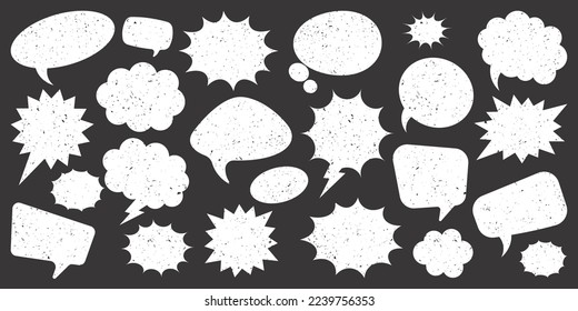 White grunge comic speech bubbles on dark background. Hand drawn retro cartoon stickers. Chatting, message box. Vector illustration