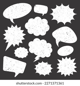 White grunge comic speech bubbles on dark background. Hand drawn retro cartoon stickers. Chatting, message box. Vector illustration